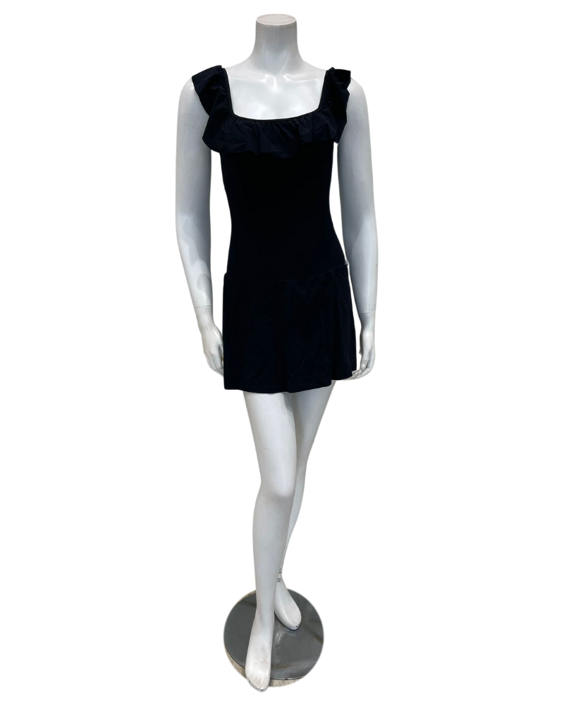 Profile by Gottex ETTR2197 Black Tutti Frutti Square Neck Ruffle Full Coverage Bathing Suit Dress Myselflingerie.com