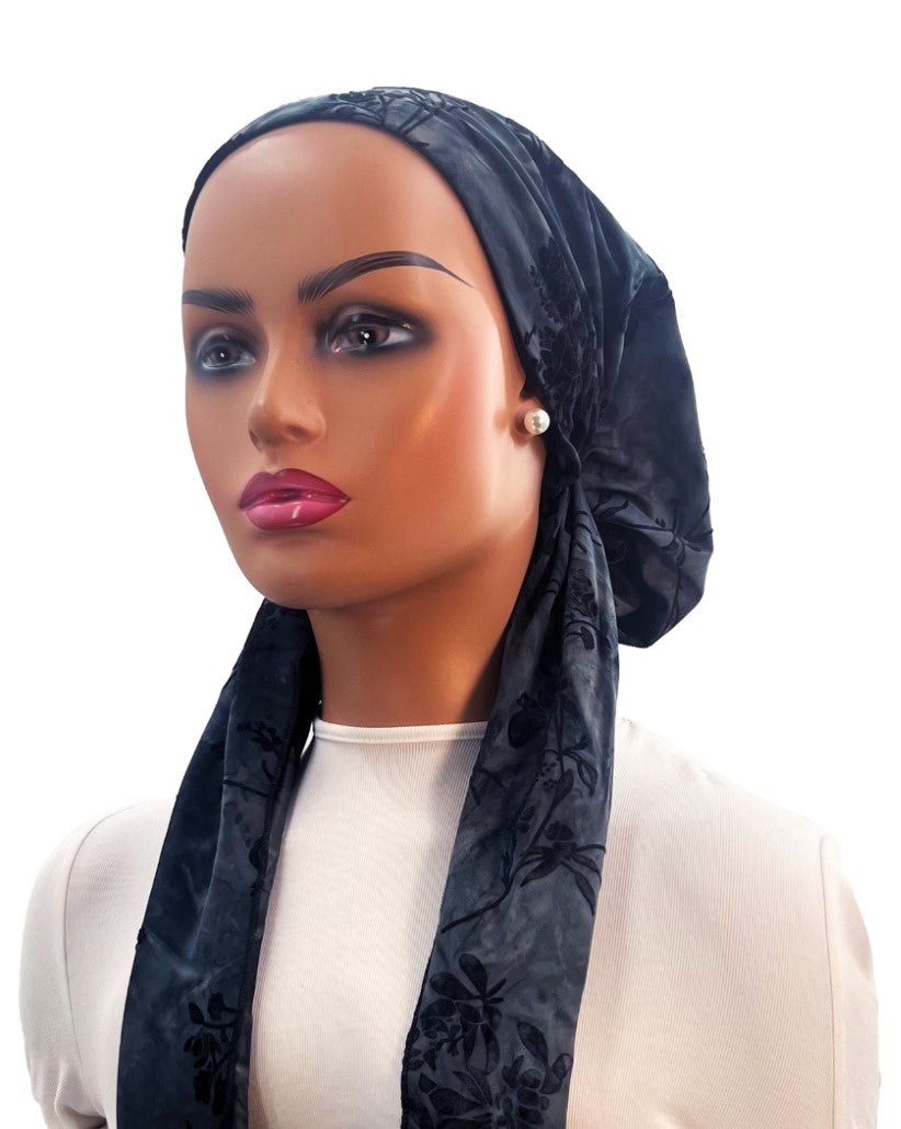 Ahead VT2656 Slate Blue Vintage Botanical Versatile Style Long Tails Open Back Pre-Tied Bandanna Myselflingerie.com