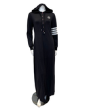 C-7087 Striped Sleeve Detail Black Zippered Hooded Lounger Morning Robe