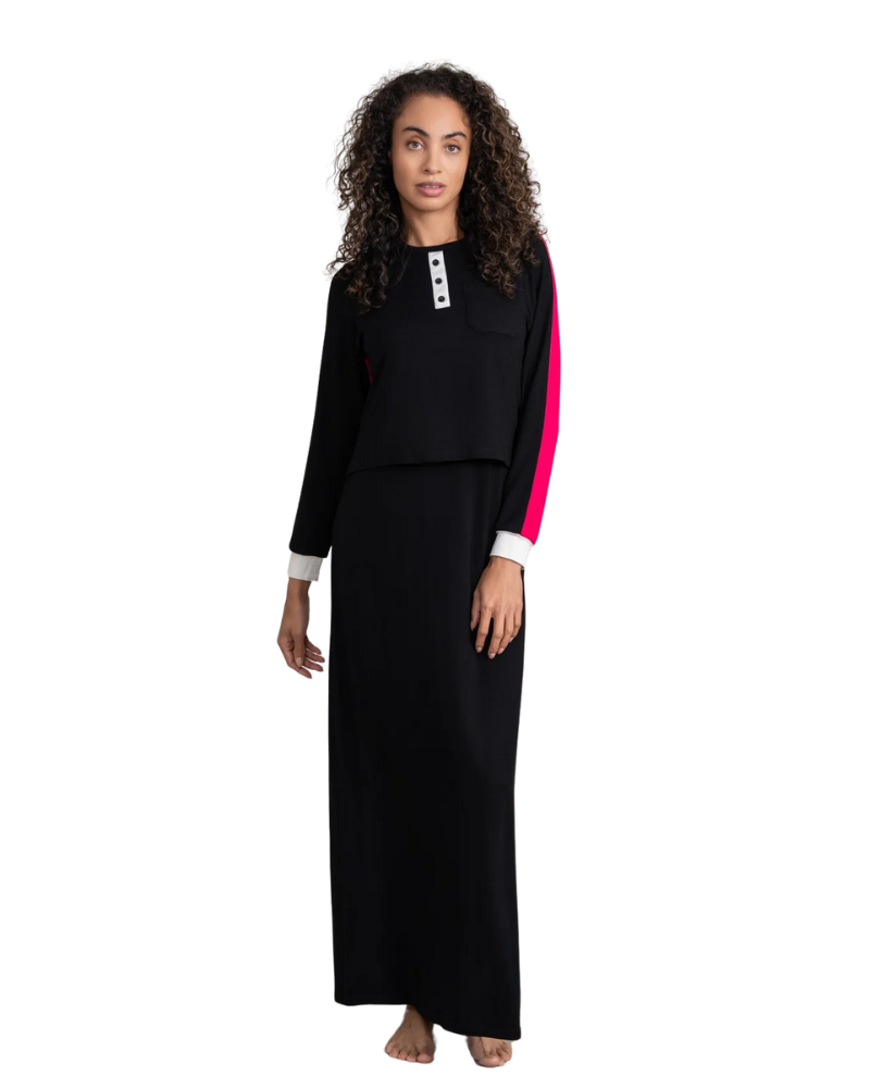 Ellwi 1216 Color Block Black Cotton Nursing Nightgown Myselflingerie.com
