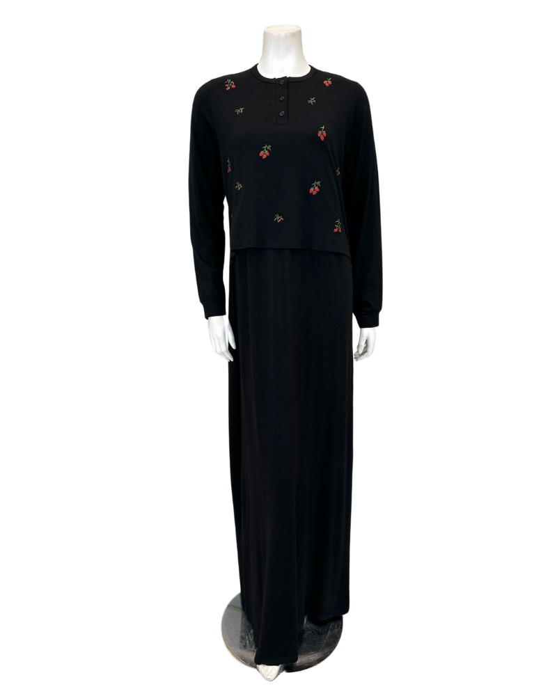 Ellwi 1213 Floral Embroidery Black Cotton Nursing Nightgown Myselflingerie.com