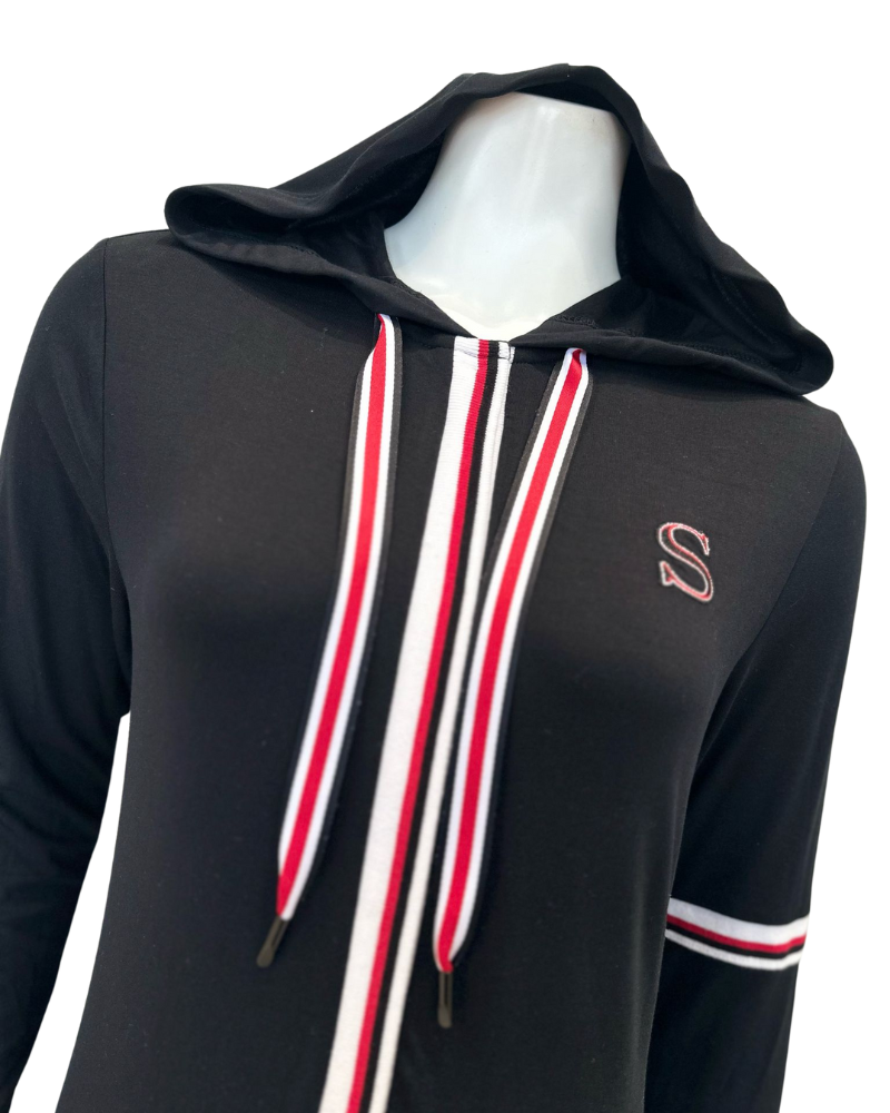 Sparrow C-7412 Black Colored Striped Sleeve Zippered Black Jersey  Hooded Lounger Morning Robe Myselflingerie.com