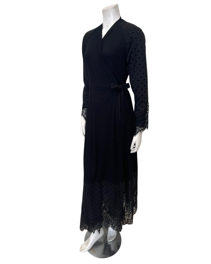 Oh! Zuza 4525 Black Ribbed Modal with Sheer Lace Long Robe Myselflingerie.com