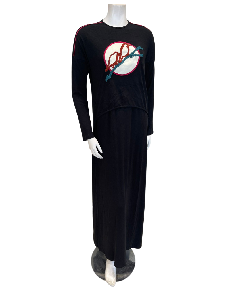 Mega Dreams 392542 Birds Black Ribbed Modal Nursing Nightgown Myselflingerie.com