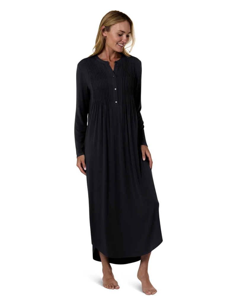 Me Moi CNL08833 Black Pintuck Button Down Modal Nightgown Myselflingerie.com