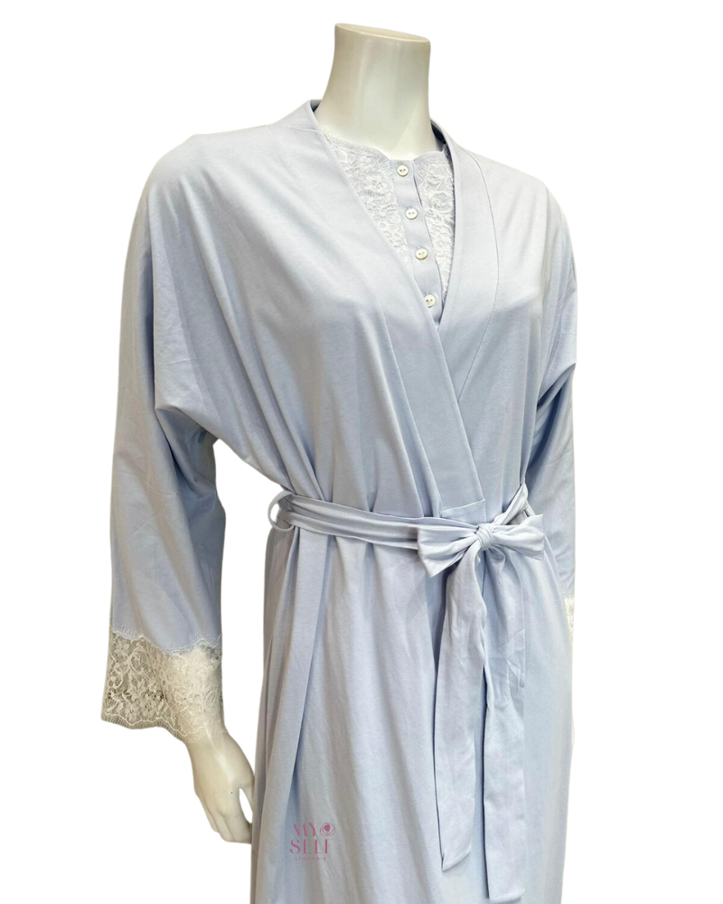 Iora Lingerie 23317AC Powder Blue Lace Sleeve Detail 100% Organic Cotton Wrap Robe myselflingerie.com