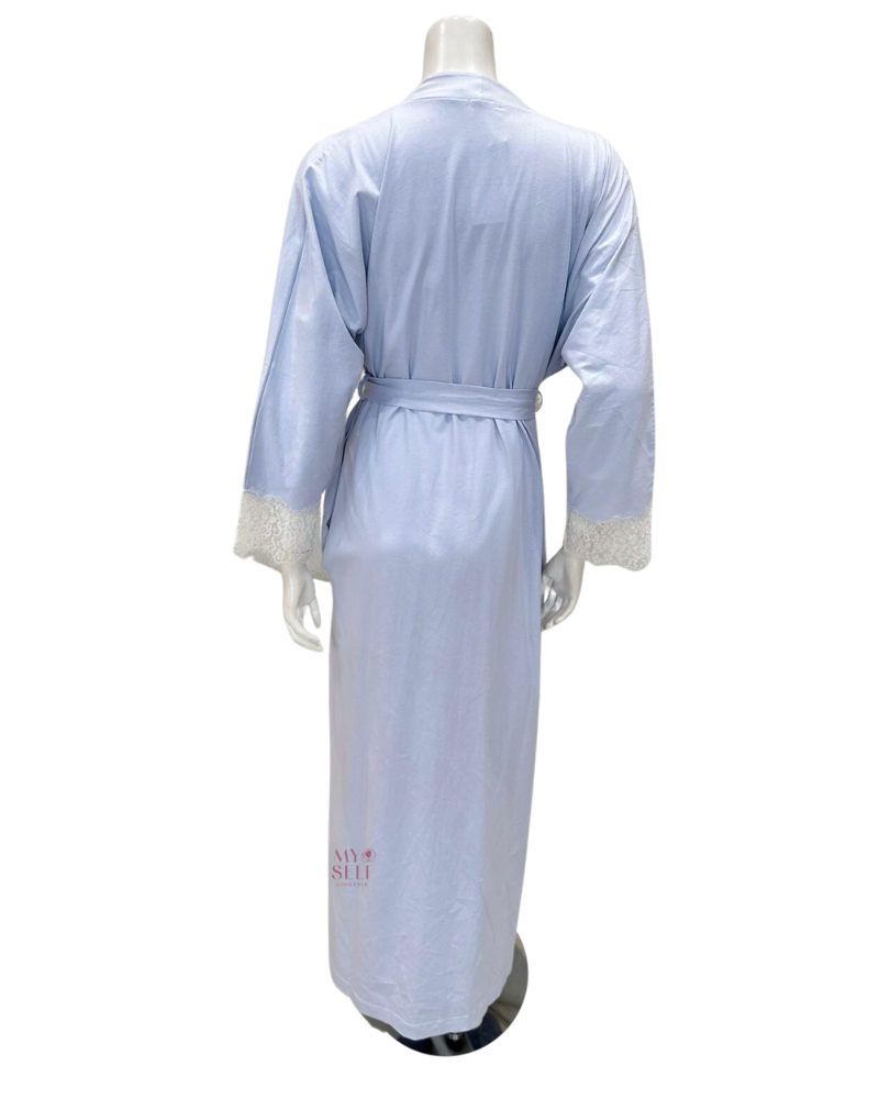 Iora Lingerie 23317AC Powder Blue Lace Sleeve Detail 100% Organic Cotton Wrap Robe myselflingerie.com