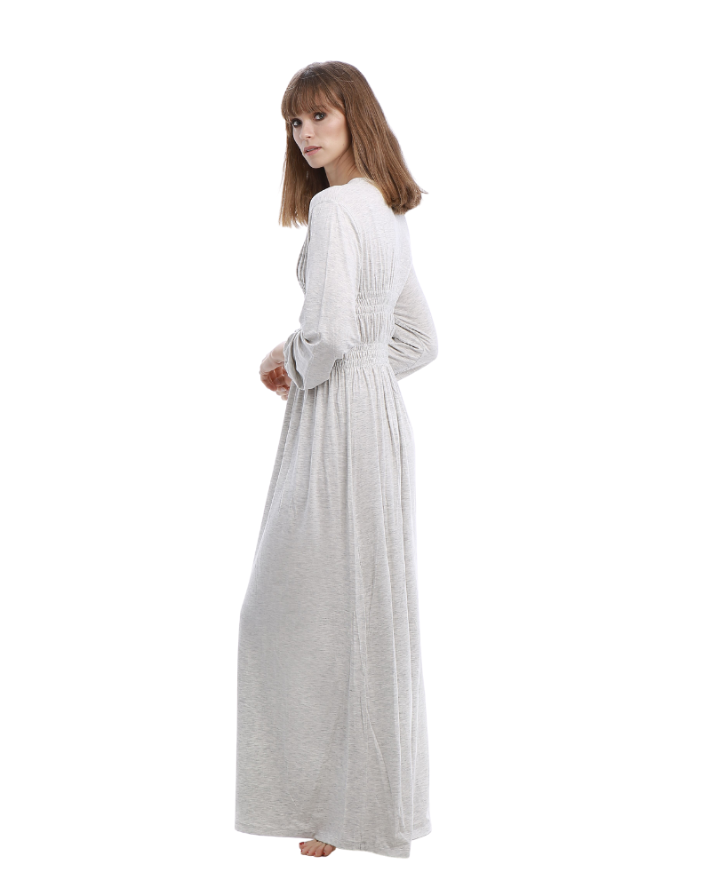 Rojo London Pippa Morning Grey Smocked Button Down Nightgown myselflingerie.com