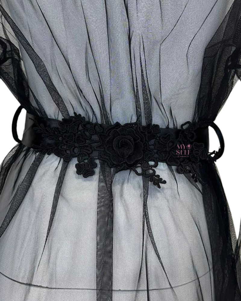Oh La La Cheri 94-11174 Black Tulle Short Robe and Satin Sash myselflingerie.com