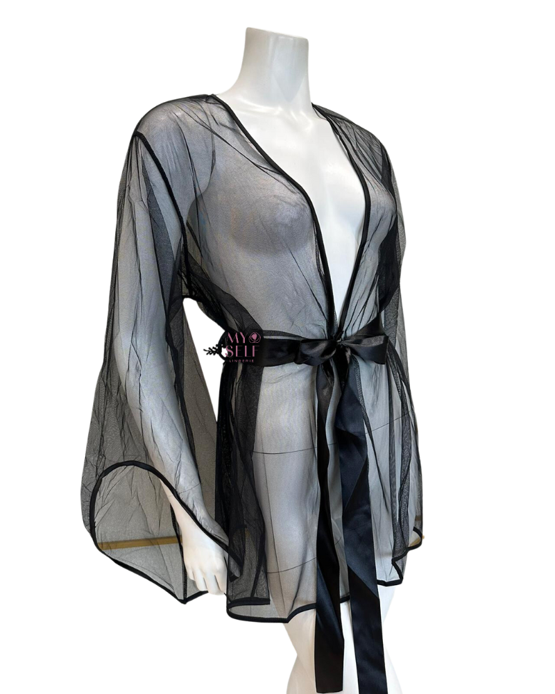 Oh La La Cheri 94-11174 Black Tulle Short Robe and Satin Sash myselflingerie.com