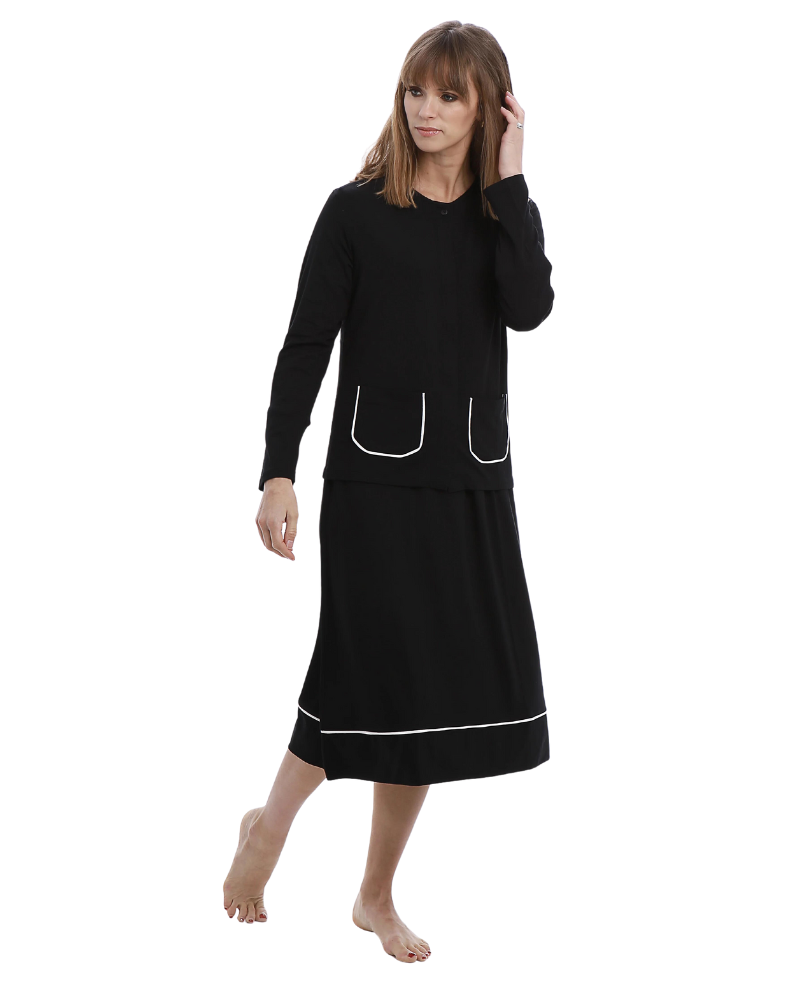 Rojo London Tudor Short Embroidered Black Button Down Modal Nightshirt & Hoodie Set myselflingerie.com