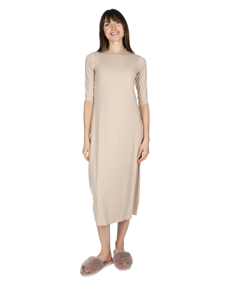 Me Moi CSP504-48 Nude Bonded 3/4 Sleeve Shell Dress 48" myselflingerie.com