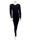 VPJ-RB-BLK Black Ribbed V Neck Pajamas Set