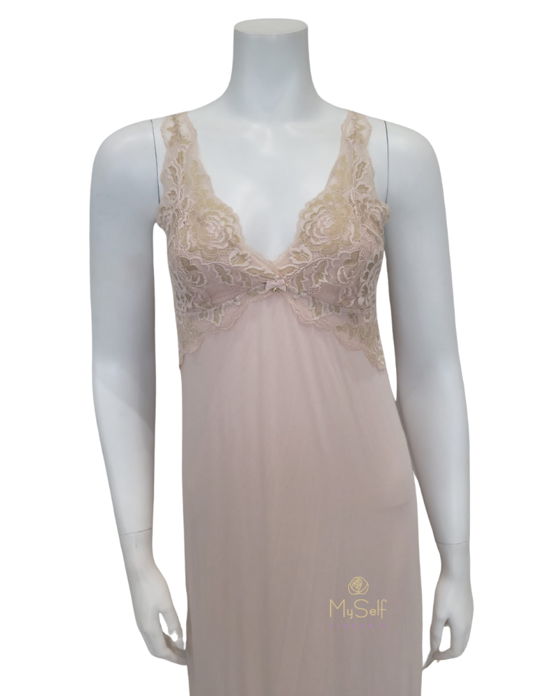 Fleur't 6023 Champagne/Gold Lace Back Modal Long Gown myselflingerie.com