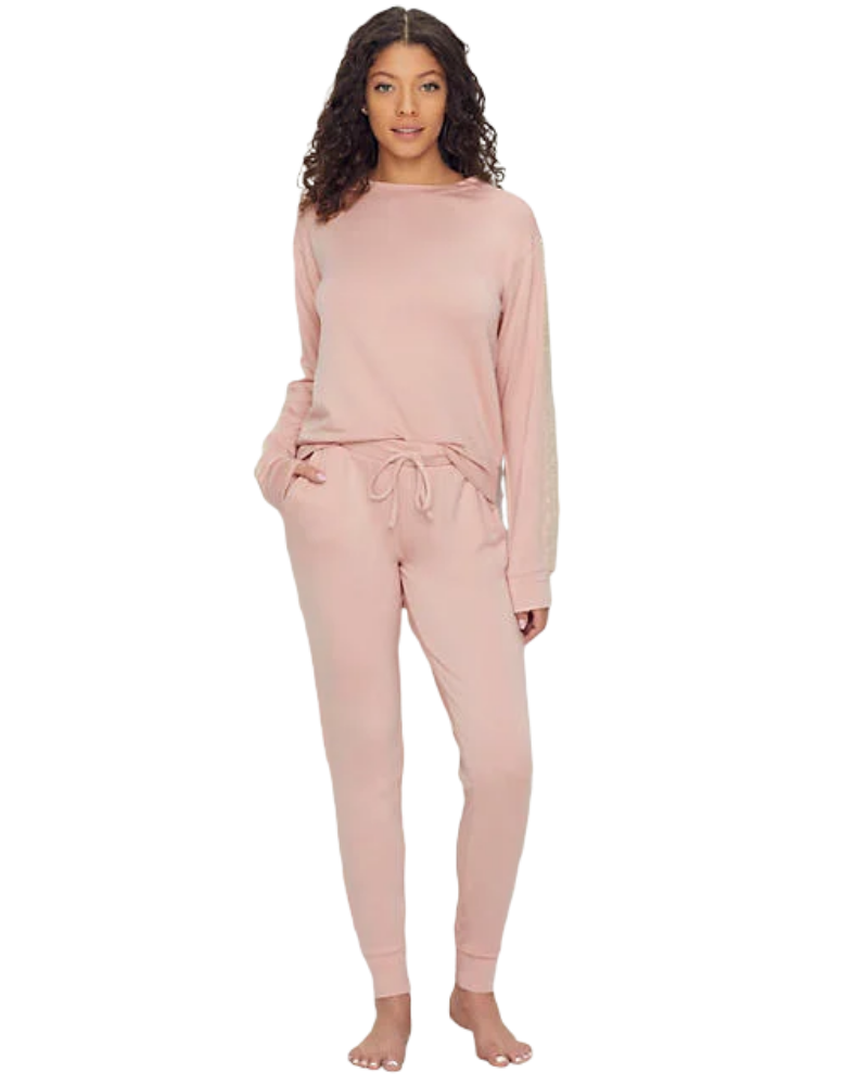 Flora Nikrooz Q80995 Clay Lotus Lace Accent Fleece Lined Pajamas Set MYSELFLINGERIE.COM