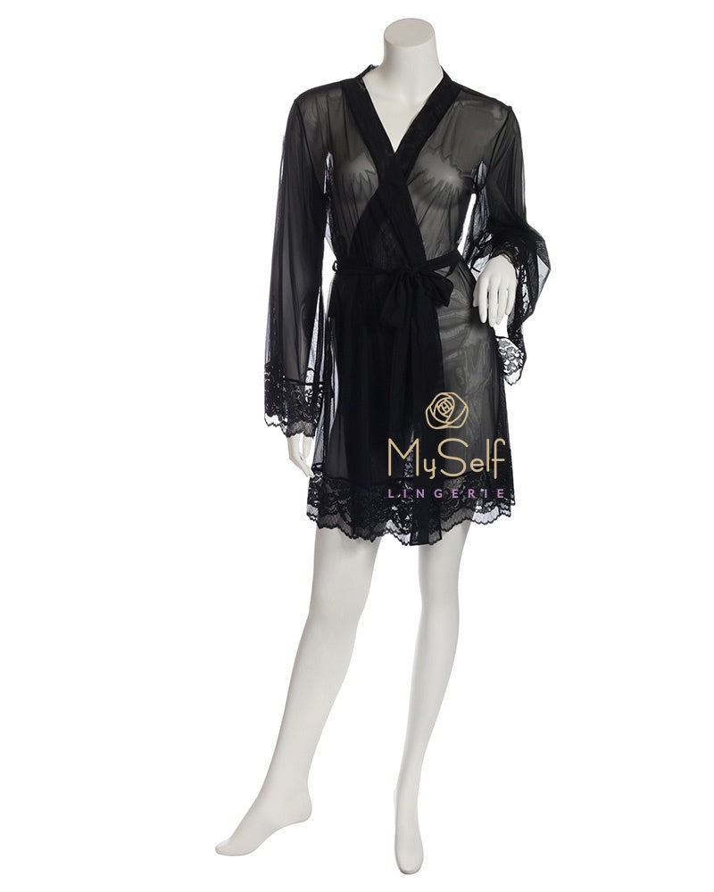 black sheer dressing gown Lady Mesh Lace Faux Fur Trim Nightgown Sexy Pajamas Robe Belted Sleepwear Sheer