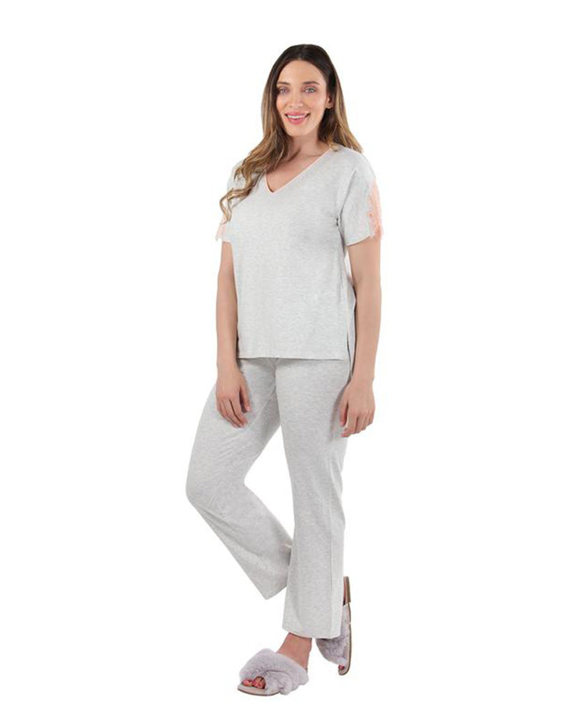 Me Moi CPJ04484 Pink Lace Trim V Neck Pajamas Set myselflingerie.com
