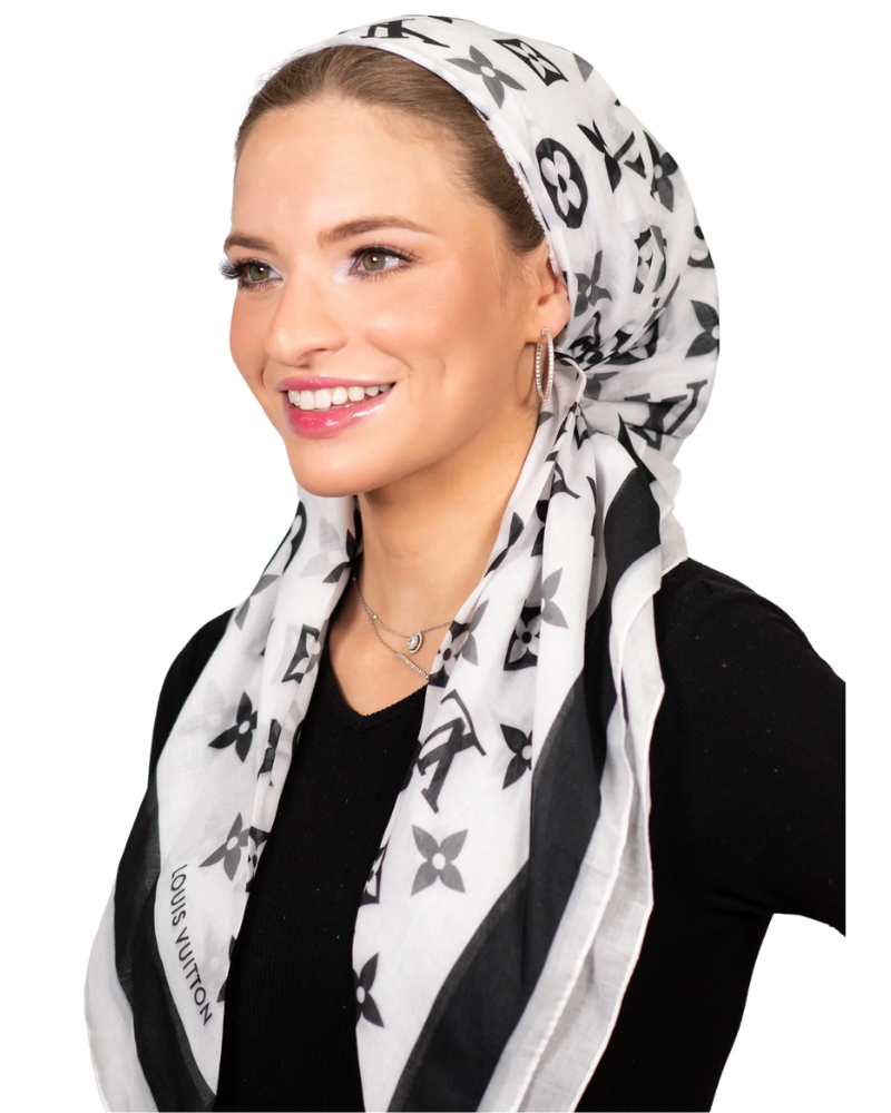 Tie Ur Knot LV Inspired Black/White Adjustable Pre-Tied Bandanna with Full Non Slip Grip myselflingerie.com