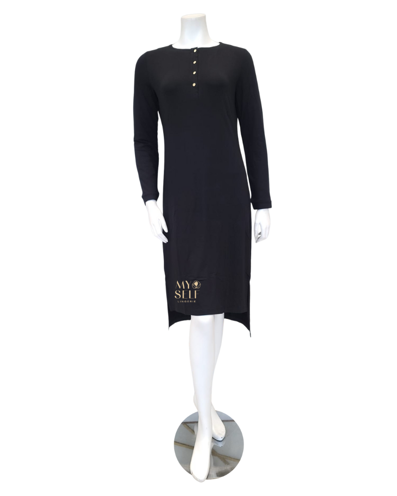 Vanilla Night and Day 3351-N Black Long Sleeve Modal Button Down Nightshirt myselflingerie.com