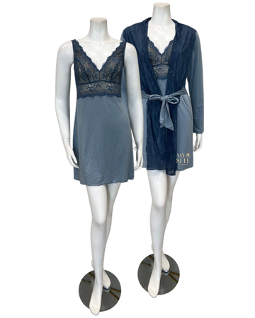 Samantha Chang 2216-8016-DI Iceberg/Indigo Glaze Lace Modal Chemise & Robe Set myselflingerie.com
