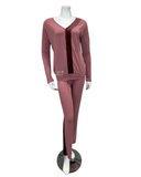 3144 Antique Rose V Neck Velvet Strip Modal Pajamas Set