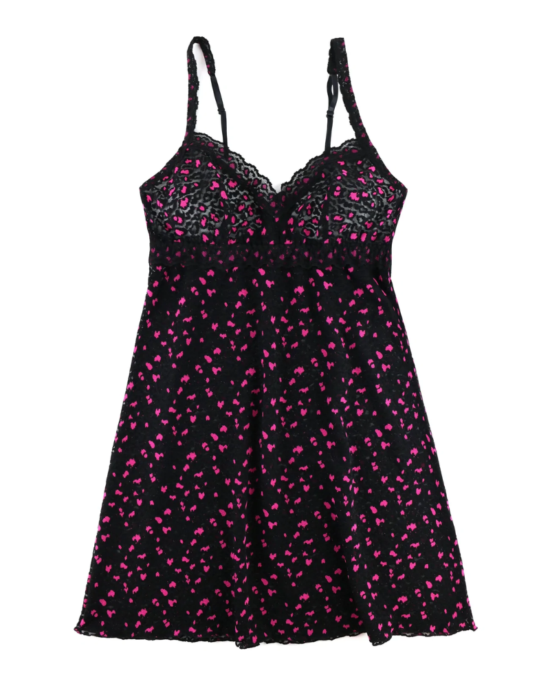 Hanky Panky 7J5704 Black/Tulip Pink Cross Dye Leopard Chemise myselflingerie.com