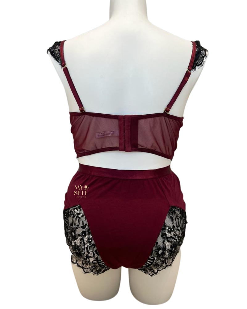 Oh La La Cheri 40-11425X Zinfandel/Black Eyelash Lace Bra and Panty Plus Size myselflingerie.com
