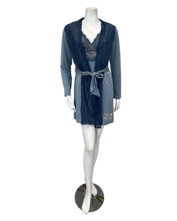 Samantha Chang 2216-8016-DI Iceberg/Indigo Glaze Lace Modal Chemise & Robe Set myselflingerie.com