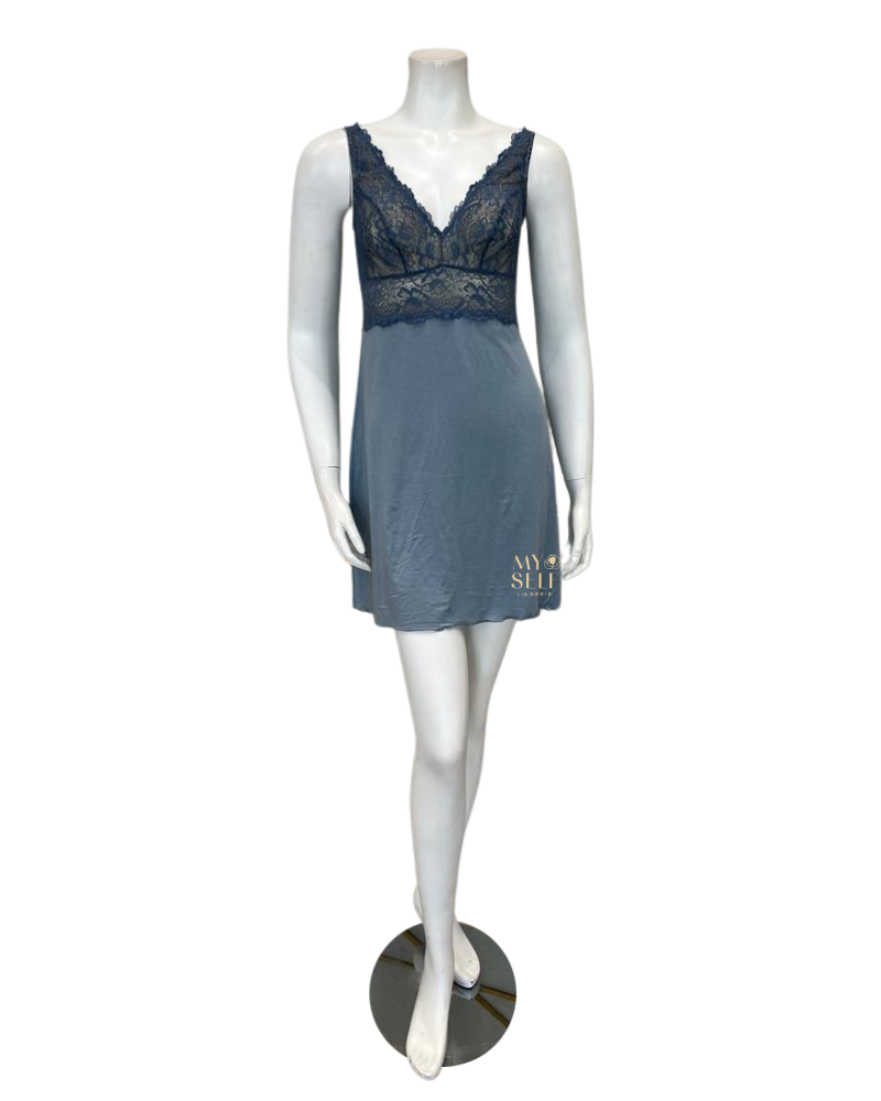 Samantha Chang 2216-8016-DI Iceberg/Indigo Glaze Lace Modal Chemise & Robe Set myselflingerie.com