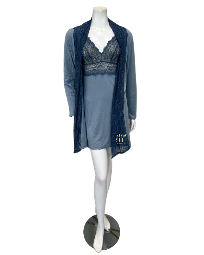 Samantha Chang 2216-8016-DI Iceberg/Indigo Glaze Lace Modal Chemise & Robe Set myselflingerie.com