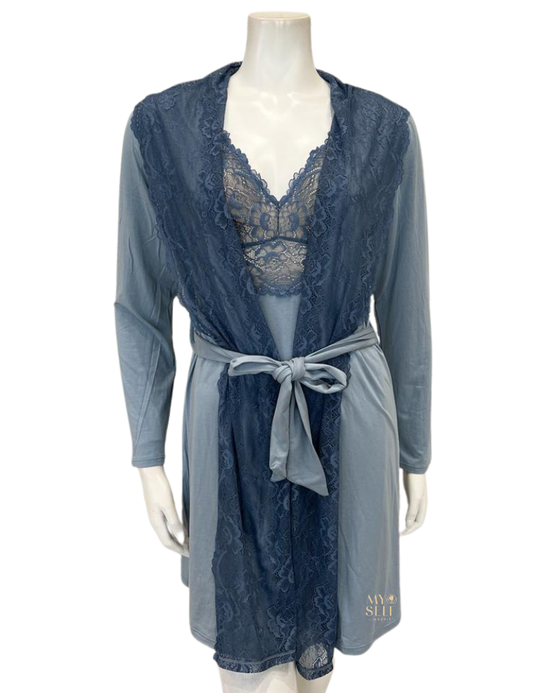 Samantha Chang 2216-8016-DI Iceberg/Indigo Glaze Lace Modal Chemise & Robe Set myselflingerie.com