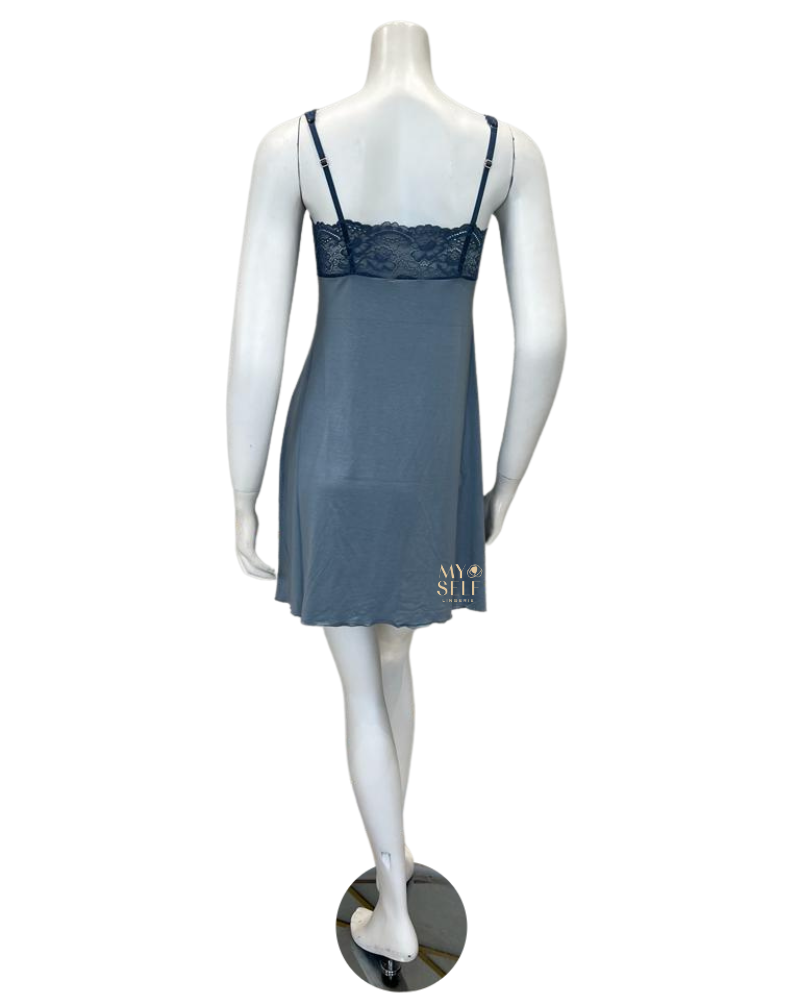 Samantha Chang 2216-8016-DI Iceberg/Indigo Glaze Lace Modal Chemise & Robe Set myselflingerie.com