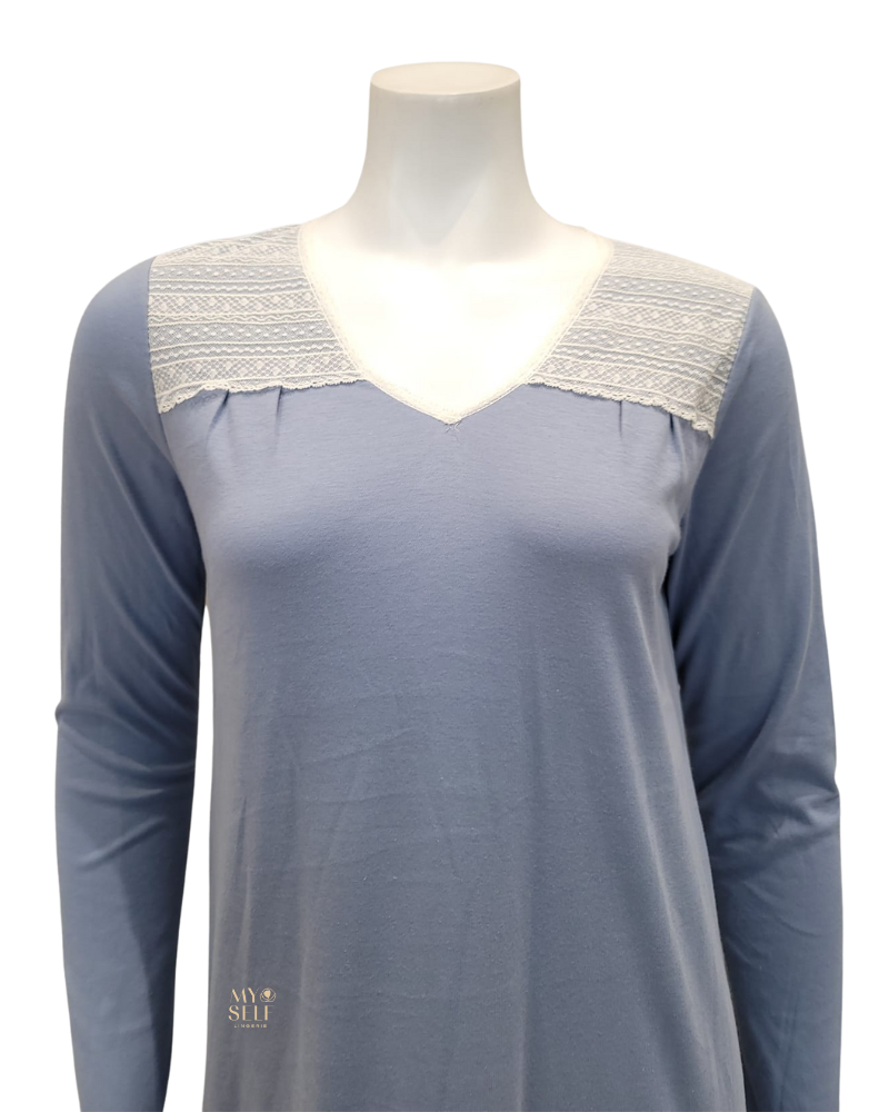 Iora Lingerie 22406C V Neck Lace Trim Baby Blue 100% Supima Cotton Nightgown myselflingerie.com