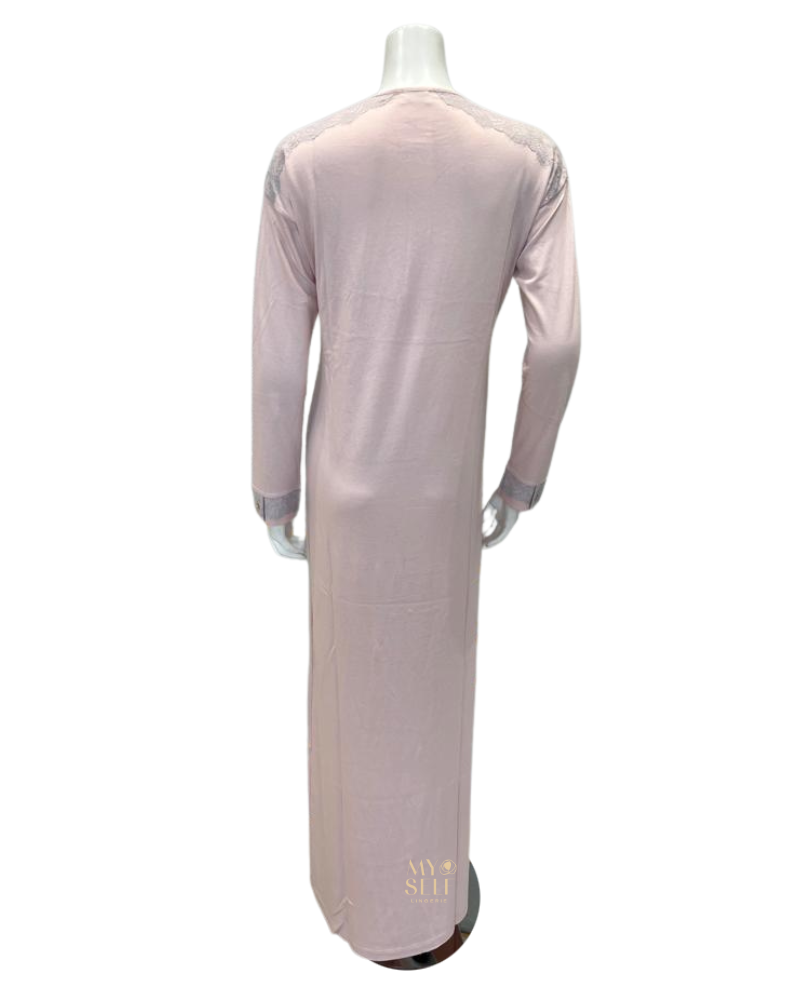 Iora Lingerie 22414C Lace Shoulder Detail Button Down Pink Modal Nightgown myselflingerie.com