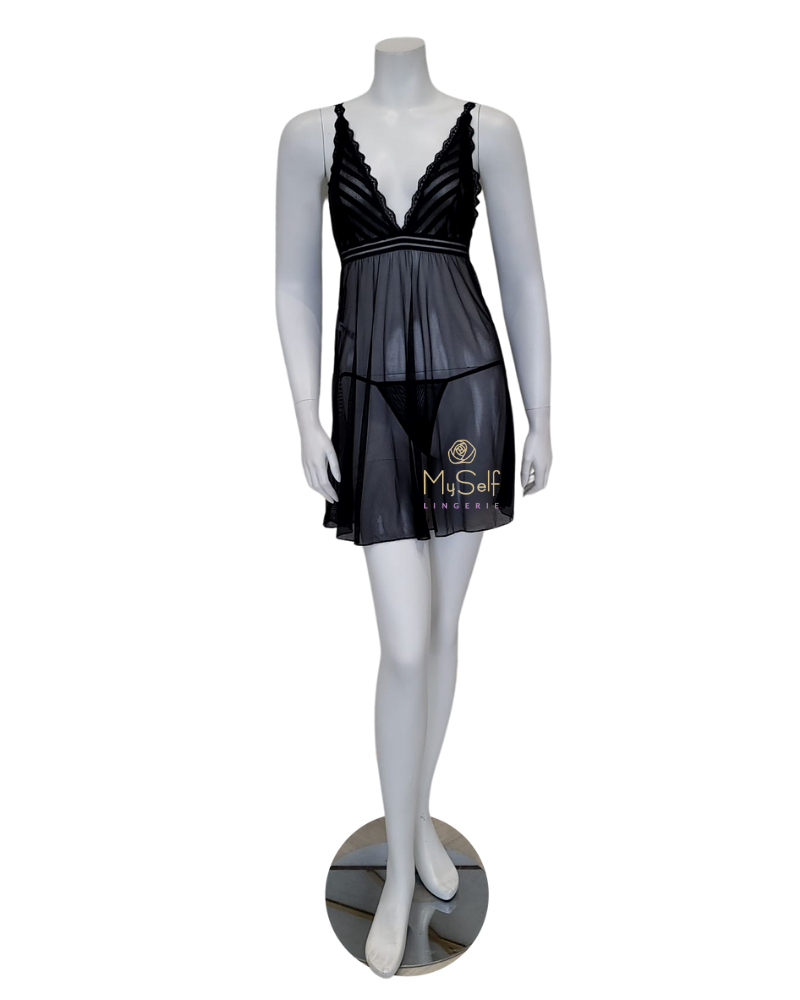 Mapale 7244 Black Geometric Babydoll with Matching G-String myselflingerie.com