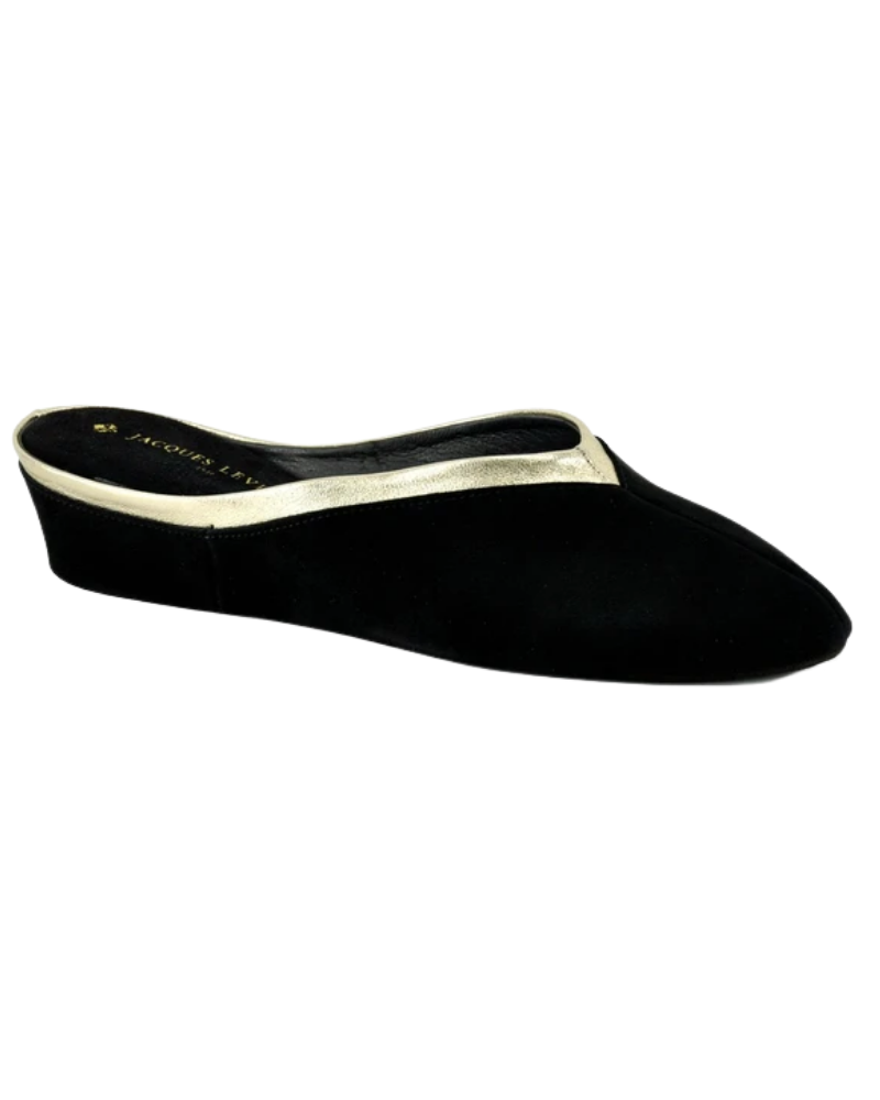 Jacques Levine 4640LL Black Suede With Gold LeatherTrim Wedge Slipper myselflingerie.com