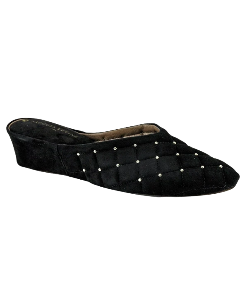 Jacques Levine 20161S Black Suede Quilted Silver Dots Wedge Slippers myselflingerie.com