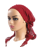 CF4507 Burgundy Chiffon Pom Lined Pre-Tied Bandanna