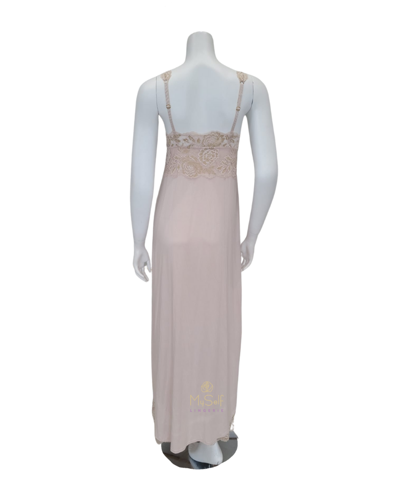 Fleur't 6023 Champagne/Gold Lace Back Modal Long Gown myselflingerie.com