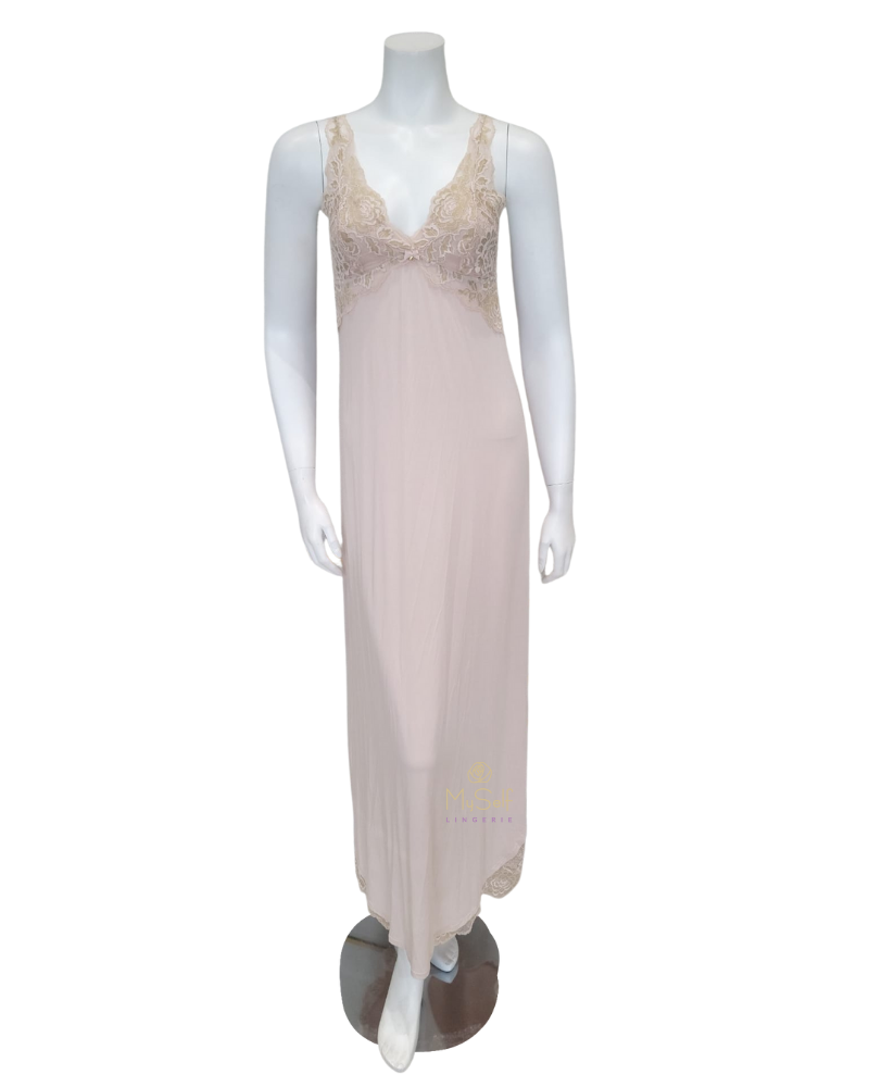 Fleur't 6023 Champagne/Gold Lace Back Modal Long Gown myselflingerie.com