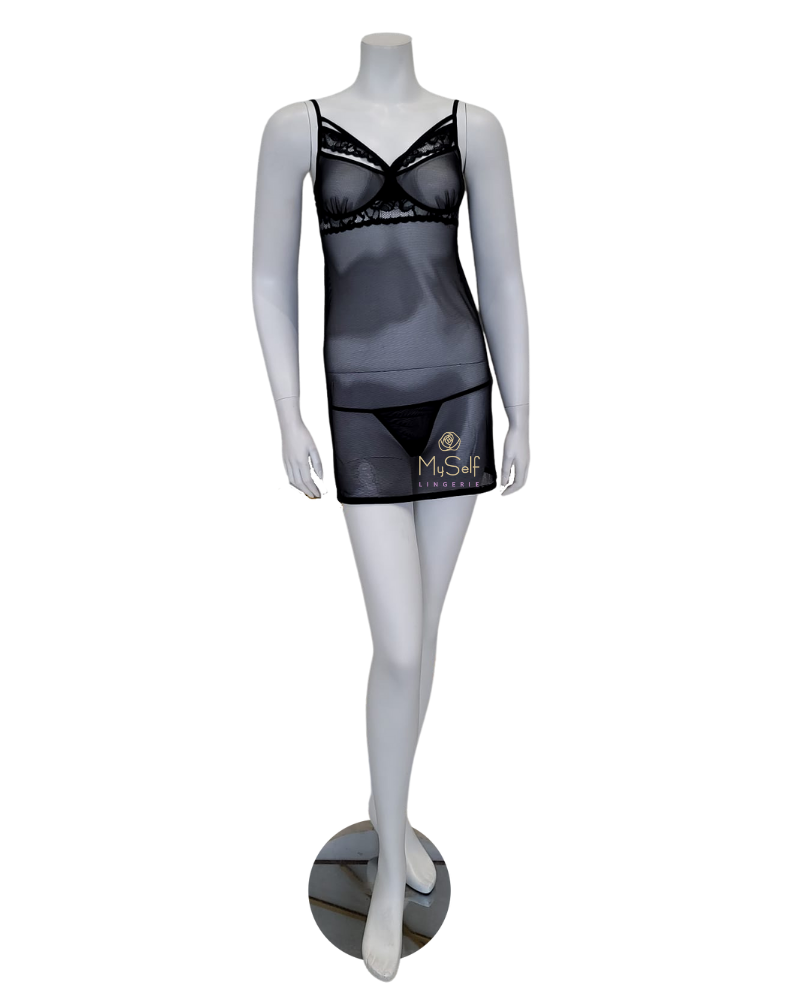 Mapale 7370 Lace Cuts Black Babydoll with Thong MYSELFLINGERIE.COM