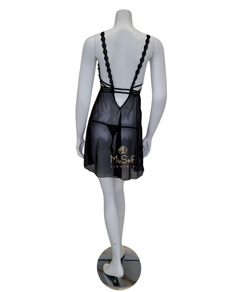 Mapale 7244 Black Geometric Babydoll with Matching G-String myselflingerie.com