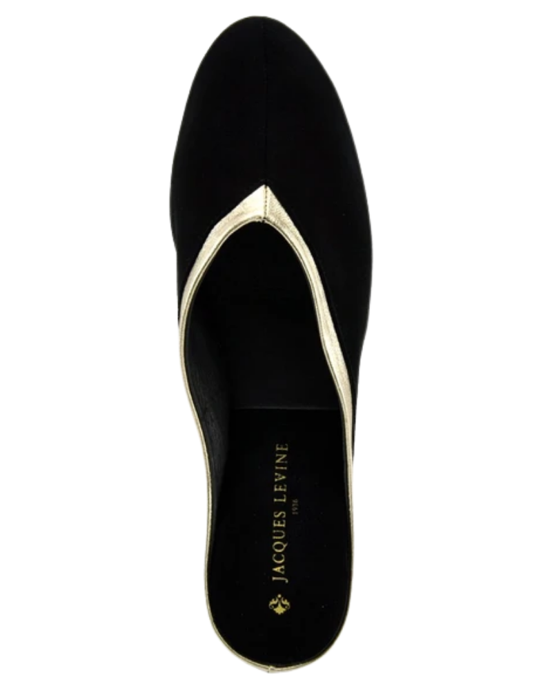 Jacques Levine 4640LL Black Suede With Gold LeatherTrim Wedge Slipper myselflingerie.com