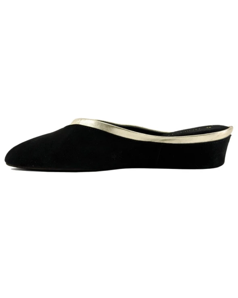 Jacques Levine 4640LL Black Suede With Gold LeatherTrim Wedge Slipper myselflingerie.com
