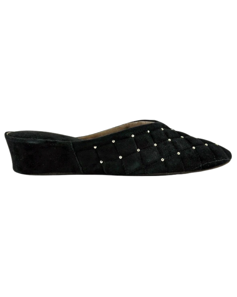 Jacques Levine 20161S Black Suede Quilted Silver Dots Wedge Slippers myselflingerie.com