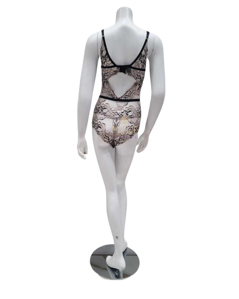 Montelle 9465 Black/Taupe Parisian Kiss Lace Triangle Bodysuit myselfingerie.com