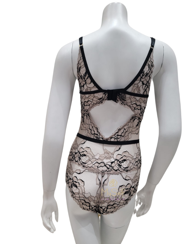 Montelle 9465 Black/Taupe Parisian Kiss Lace Triangle Bodysuit myselfingerie.com
