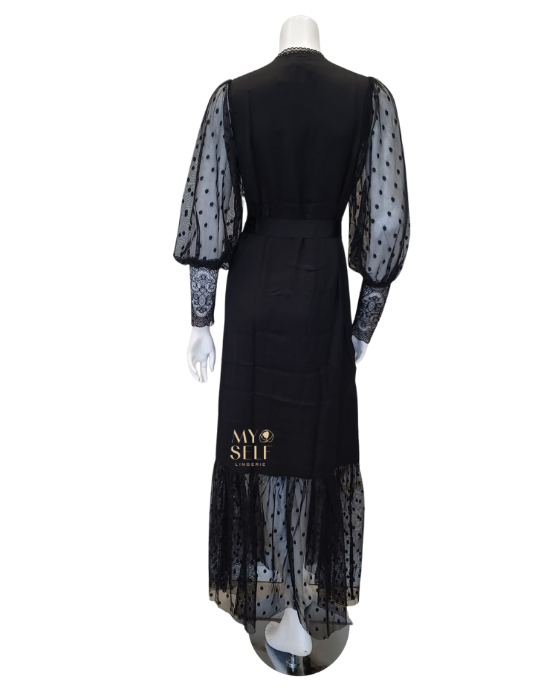 Oh! Zuza 3646 Black Sheer Dotted Lace Satin Robe myselflingerie.com