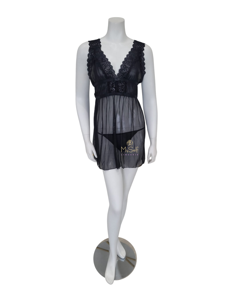 Oh La La Cheri 75-10789 Black Mesh & Lace Empire Babydoll with G String myselflingerie.com