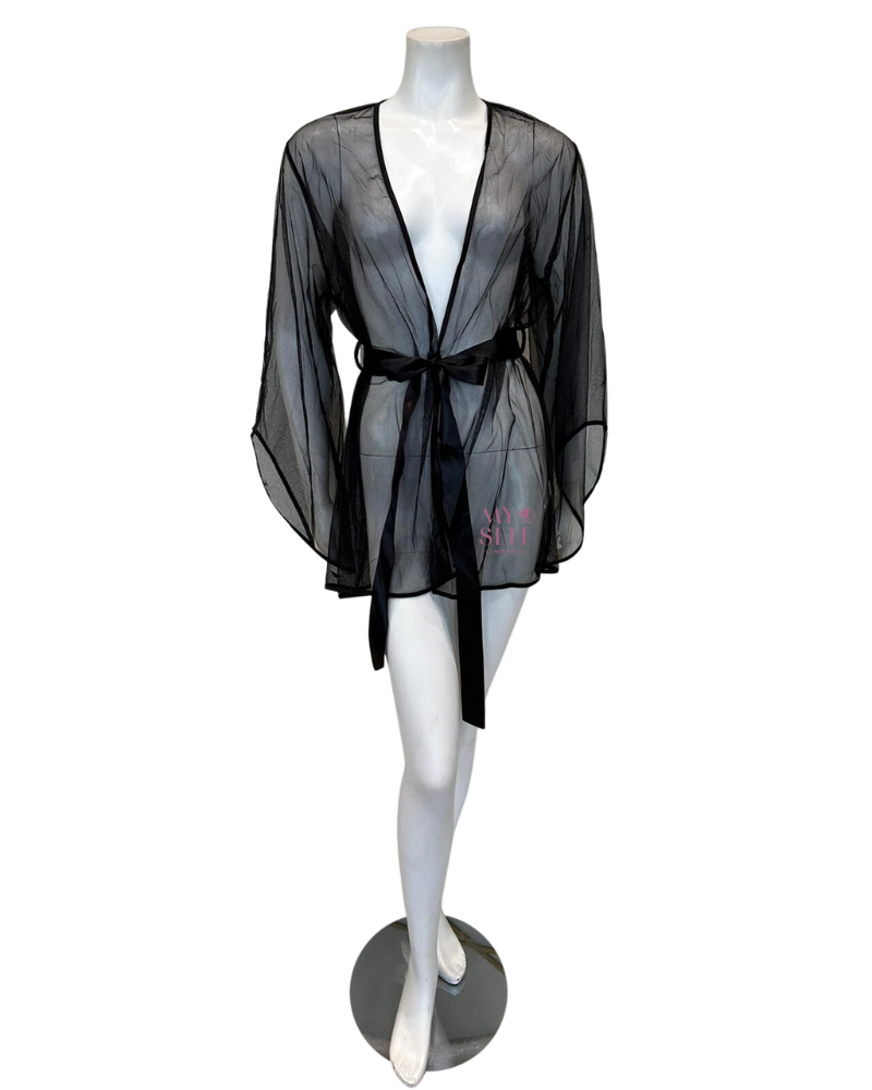 Oh La La Cheri 94-11174 Black Tulle Short Robe and Satin Sash myselflingerie.com